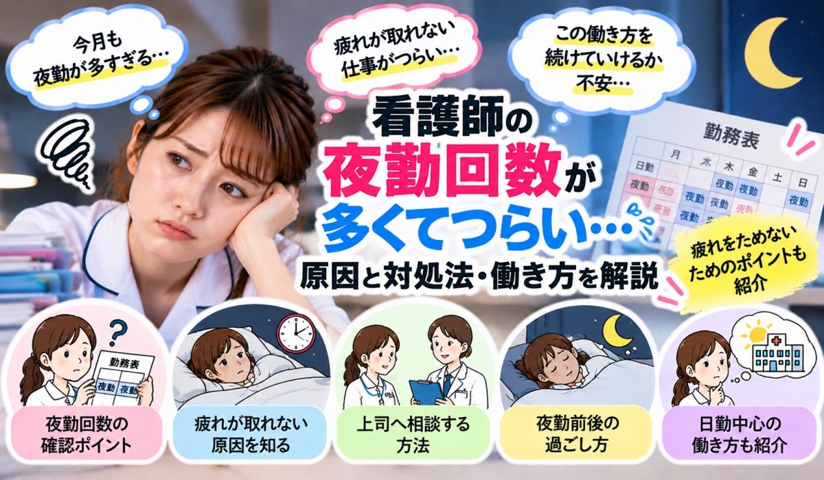 夜勤回数が多いと感じて勤務表の夜勤の並び方を確認する女性看護師のイメージ